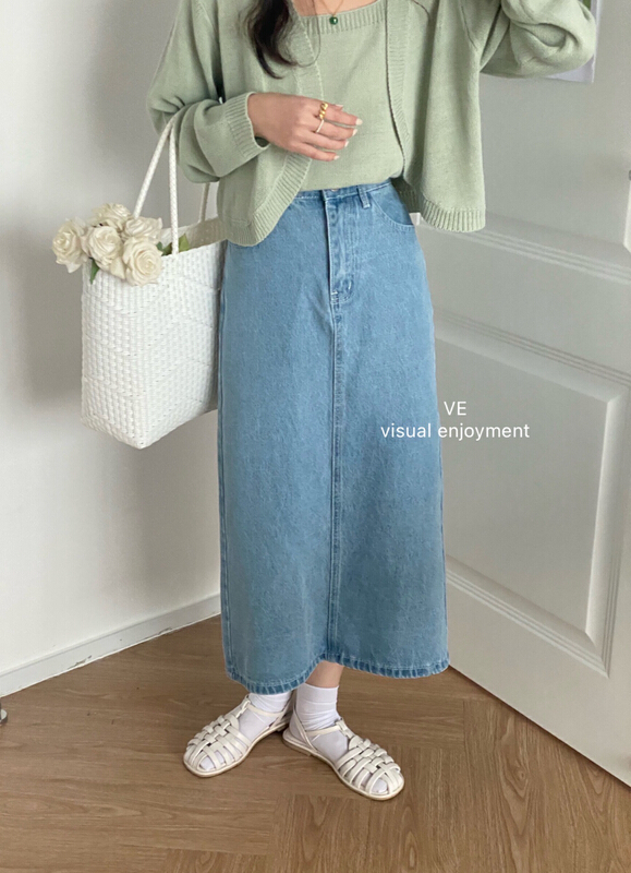 [ve] Korean back elastic medium length denim skirt 801# HBx