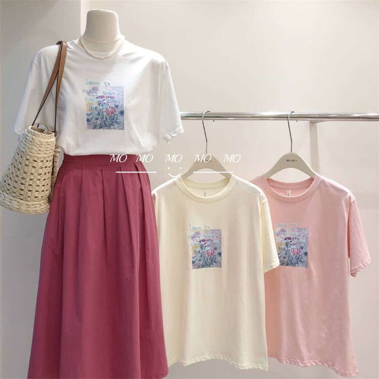 New in early summer! [Momo] Korean casual printed short sleeve T-shirt 3877# HBx