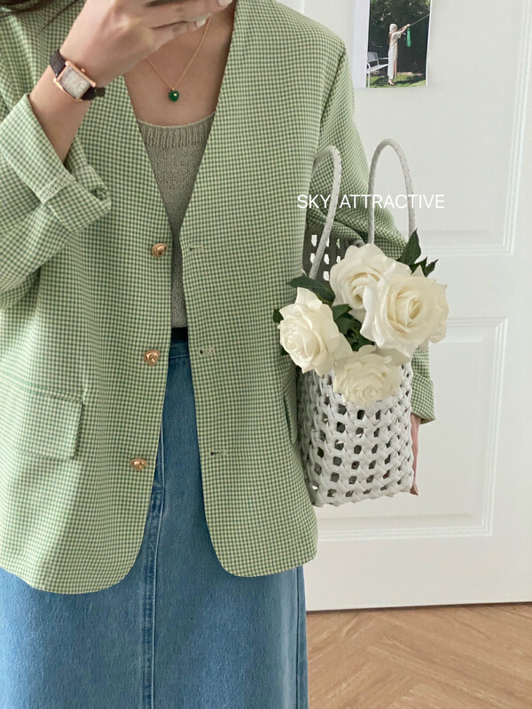 New year in early spring! [sky] V-neck Plaid versatile jacket 19237# HBx