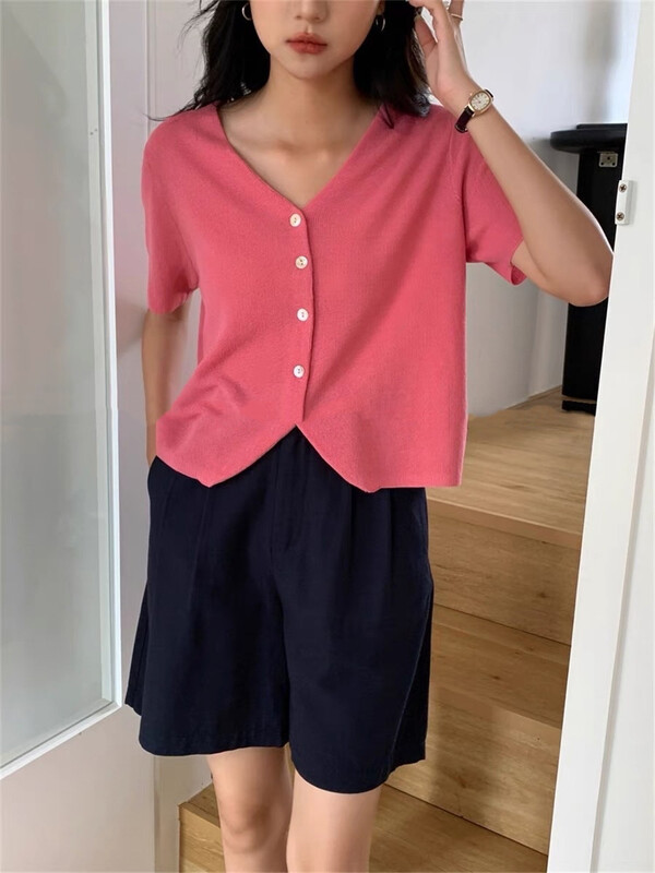 [Weika] simple V-neck single breasted short sleeved knitted cardigan 8207# lwy