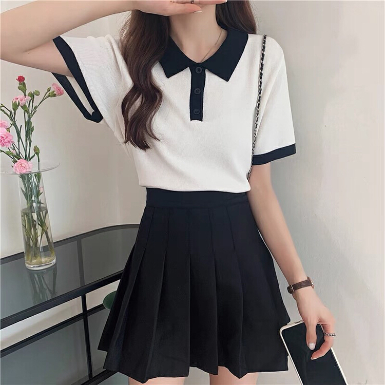 [TA +] Korean color blocking polo collar short shirt 5563# XYY