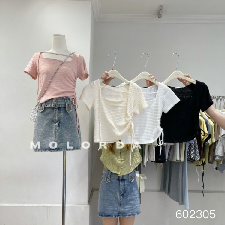[morada] simple and versatile square neck texture short sleeve T-shirt 602305# XYY