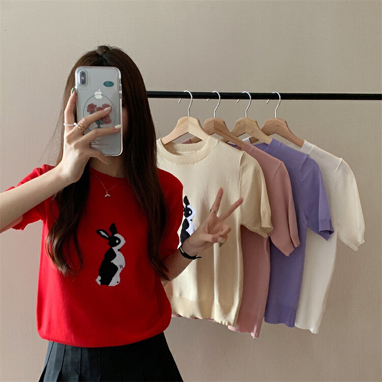 [f · P] Korean version sweet little rabbit design Short Sleeve Sweater 31355# HBx