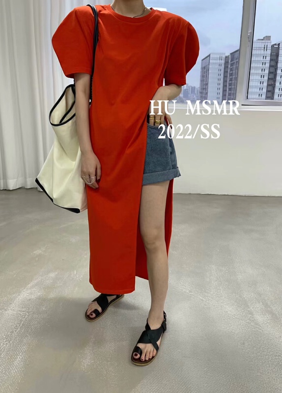 [Hu] round neck high slit medium long solid short sleeve T-shirt 6903# zyh