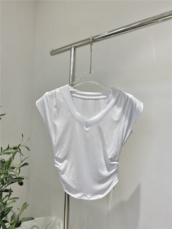 New in early summer! [Tan] side drawcord pleated V-neck tank / sling t3479# zxx