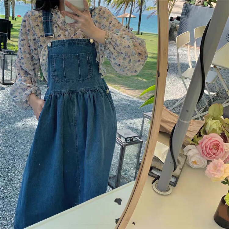 [jun.t] Floral Chiffon shirt + denim strap skirt dress two piece suit (with shoulder buckle) 5998# PCZ