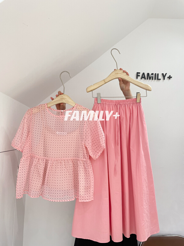 New in early summer! [family +] Korean wave dot doll shirt + hemp cotton pocket skirt set (with sling) ys1-156# ozq
