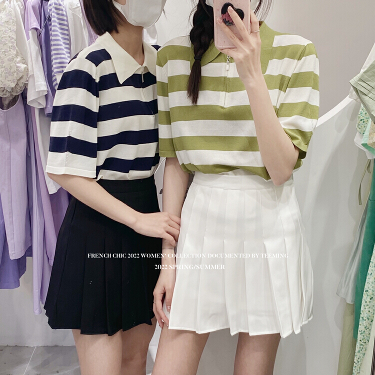 New in early summer! [teem ing] Stripe Polo neck cool shirt 22t191# hjy
