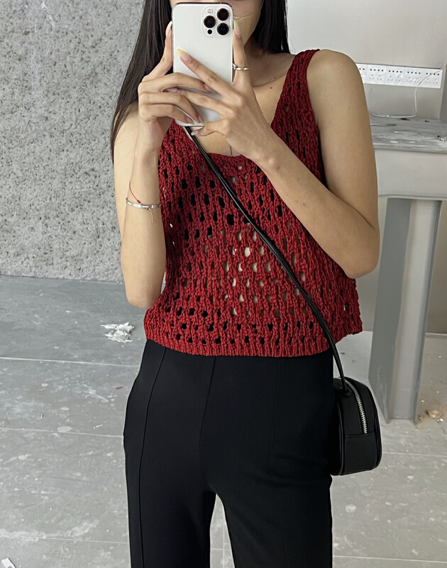 [Bu class] knitted solid color hollowed out versatile vest / sling i14165# zxl