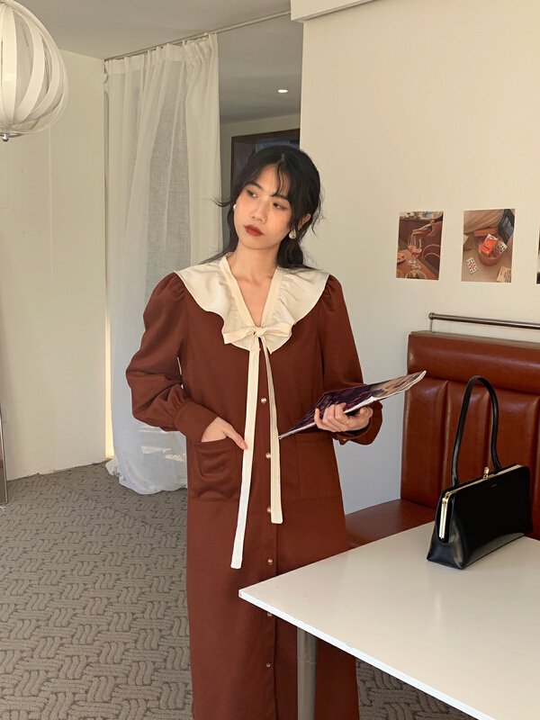 goods in stock! [new open] Vintage Lace Up Lapel contrast color Chic Dress gl95015# zxl