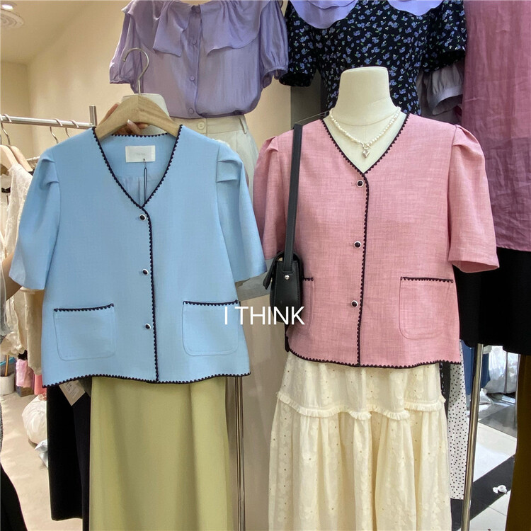 [I think] small fragrance temperament V-neck short sleeve short coat 66367# CLS