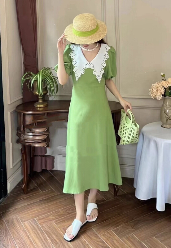 [JH] small fragrant doll collar contrast lace up dress 41624# PCZ