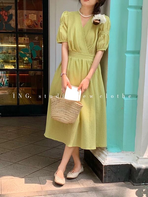 [ing] Korean chic temperament cross V-neck slim dress 9019# HBx
