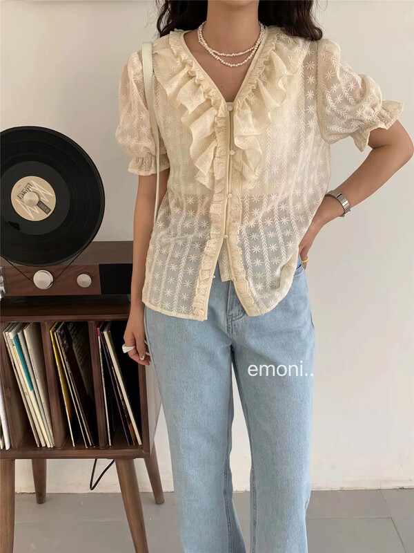 [emoni] Japanese Mori women's versatile ruffled blouse 10936# CLS