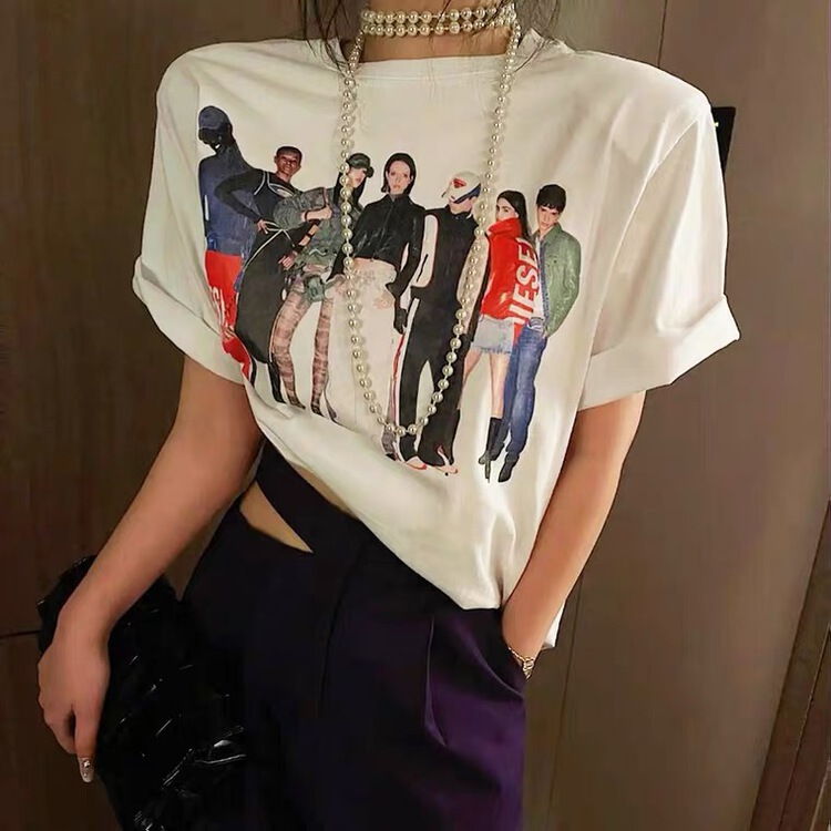 New in early summer! [Amy] Korean fashion shoulder pad printed short sleeve T-shirt 885# WTT