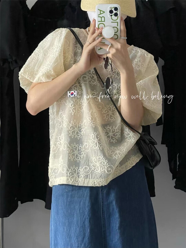 [free studio] Korean Ladies round neck Crocheted blouse 2375# hjy