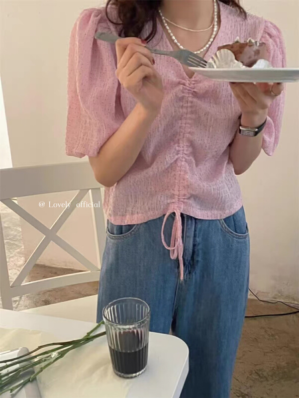 New in early summer! [love] Korean fresh and slim V-neck drawstring blouse s1278# HBx