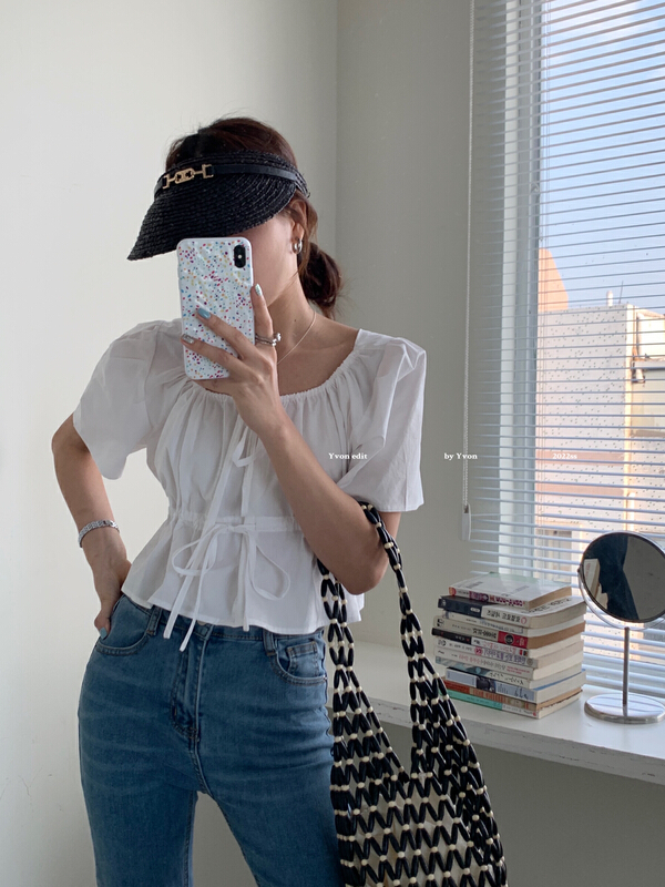 New in early summer! [Yiwan y.von] Vintage simple design sense drawstring bubble sleeve shirt 7938# XJ