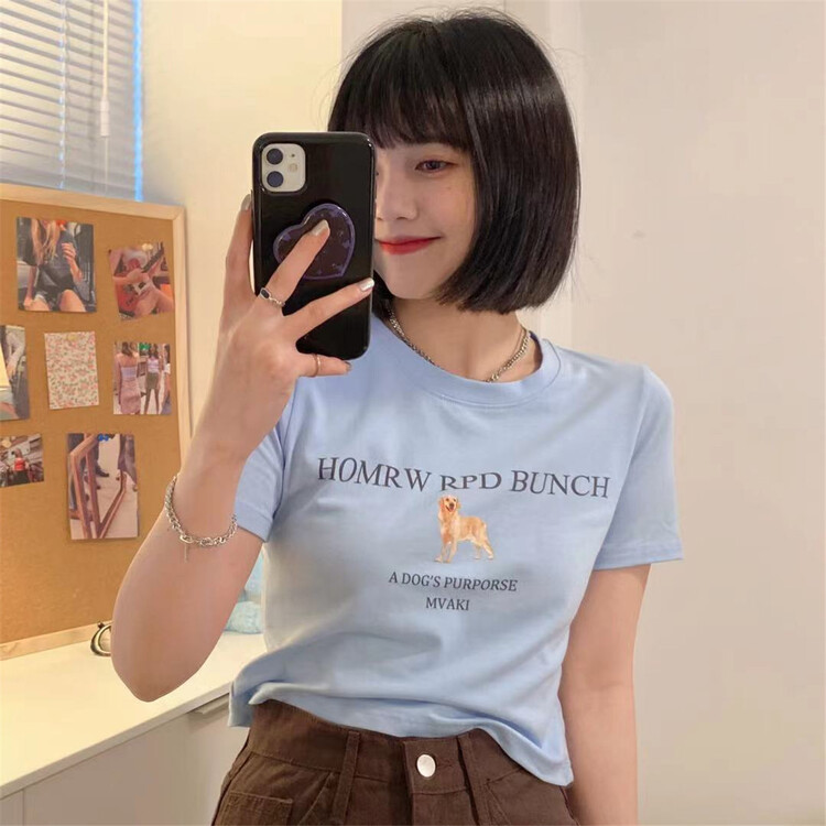 [free Valley] casual crew neck letter Dog Print short sleeved T-shirt 4720# LSW