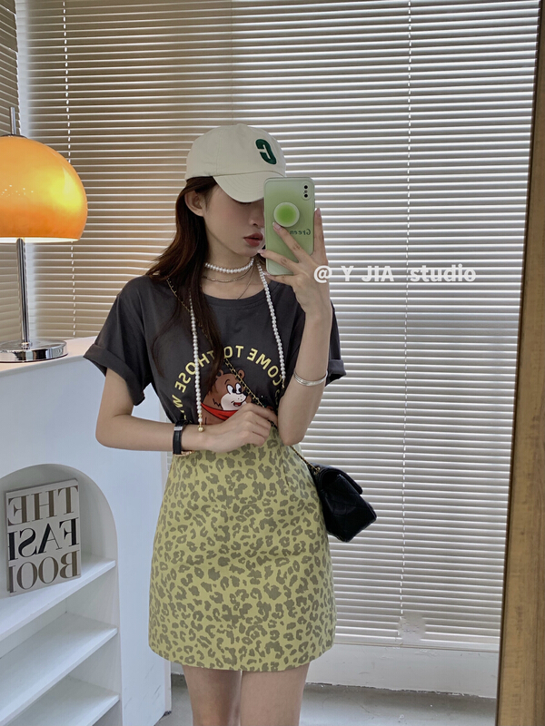 goods in stock! New in early summer! [y.jia Yijia] cartoon letter bear short sleeve + age reducing Leopard Print Skirt Set ys1-8919# PCZ