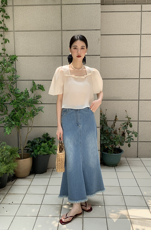 [new open] Korean slim fit medium length denim High Waist Hip Wrap fishtail skirt fq22755# zxl