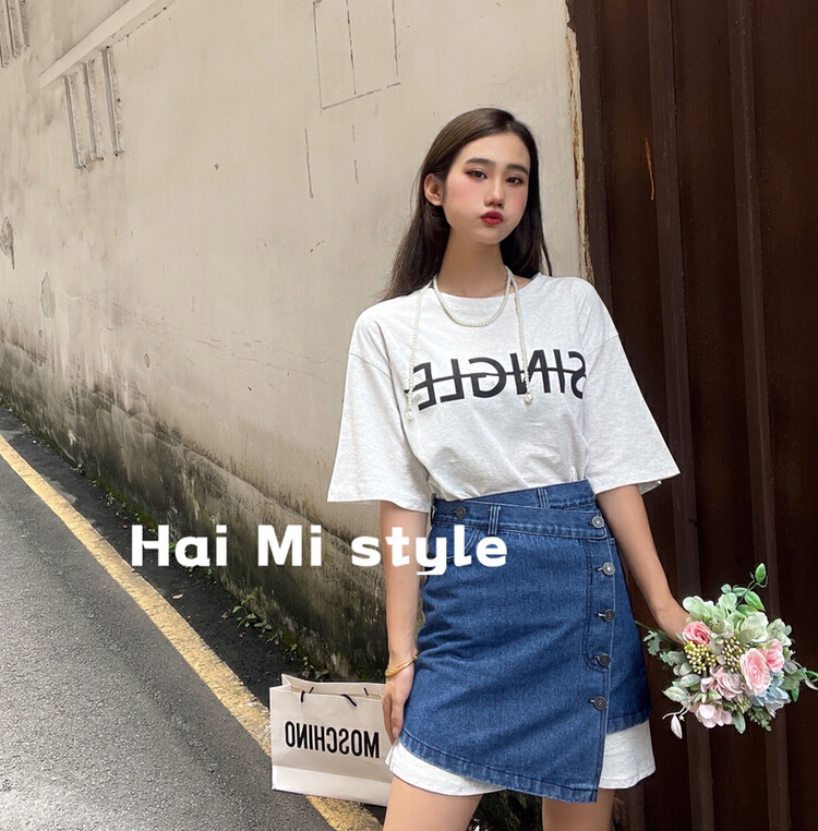 [Haimi] Korean slim letter short sleeve T-shirt + slim skirt set 1855# WTT