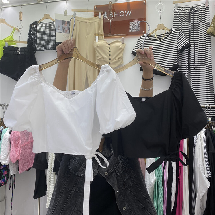 [show] bubble sleeve short drawstring blouse 88395# ozq