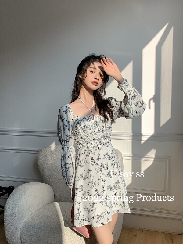 New year in early spring! [u say] French style square neck waist closing, sweet and pure, thin, vintage floral dress 65153# LSL