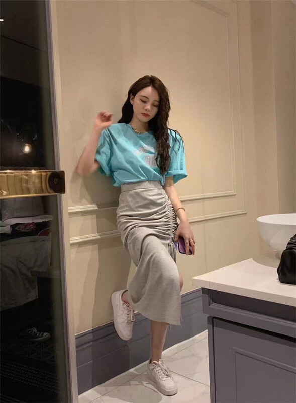 [top] Korean Casual Short Sleeved T-shirt + slim slit skirt two piece suit b98# ZSY