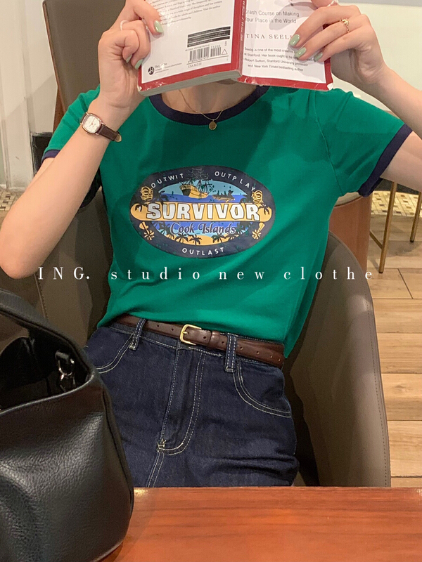 New in early summer! [ing] foreign style versatile contrast color edge round neck printed short sleeve T-shirt ing-7709# HBx