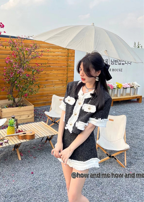 New in early summer! [how and me Cheng Xi] contrast color fashion simple short coat + high waist skirt suit 7058# LSL