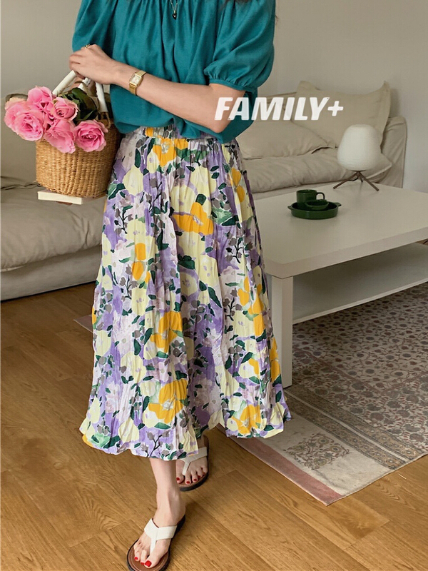 [family +] Korean wrinkled splash ink painting irregular chiffon skirt 22519# ozq