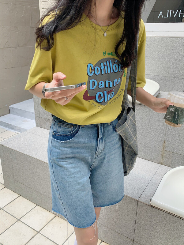 New in early summer! [lini] Korean color contrast letter printed round neck short sleeve T-shirt c131# zxx