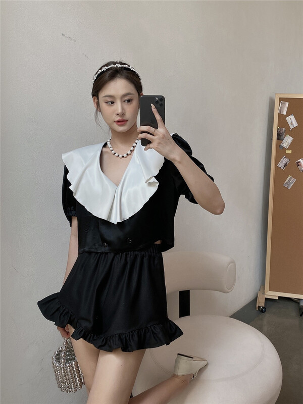 goods in stock! [modern 197] V-neck color matching comfortable blouse 0019# zyh