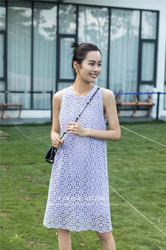 [Coline] round neck hollow out lady dress c2139a# hyy