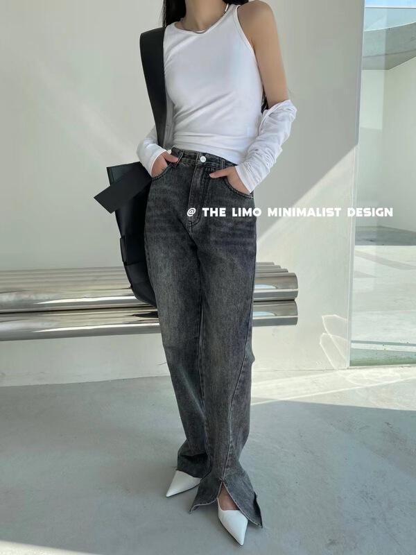 New year in early spring! [the limo] slit versatile straight jeans 6612# XYJ