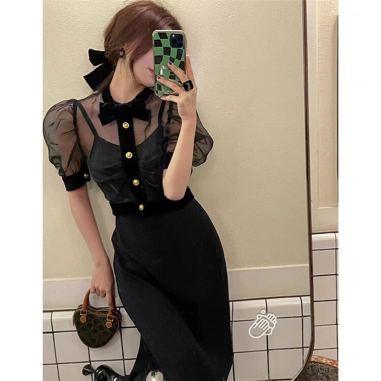 [Linna] French temperament blouse + suspender net color dress set (with bow) 124540# zxx