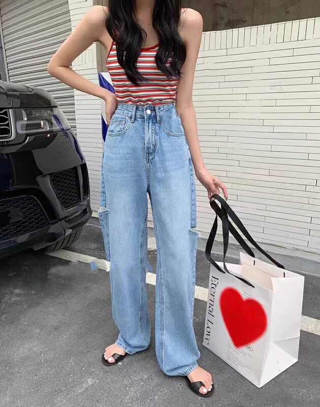 [py jeans] Korean version of simple cut wide leg versatile jeans 60039# ozq