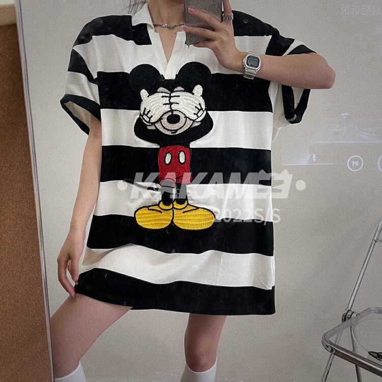 [kakamee] Mickey cartoon stripe embroidered polo shirt s395# LSL