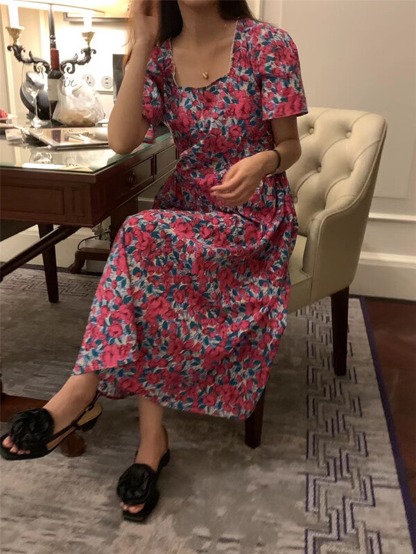 [more free] square collar vintage floral dress 601# lwy