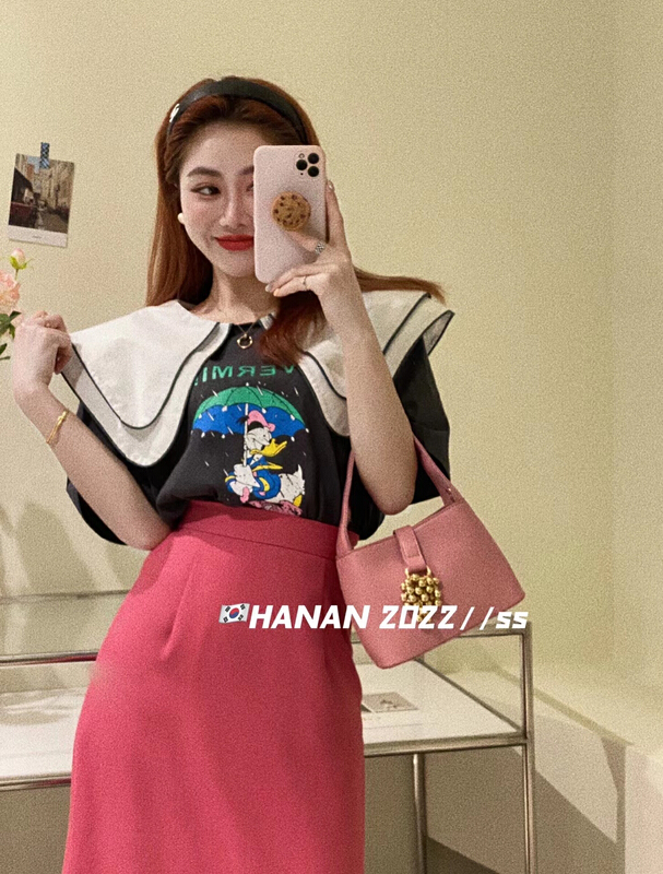 New in early summer! [Hanan] Korean versatile loose large double layer doll neck Donald Duck short sleeve T-shirt ys1-6115# LSL