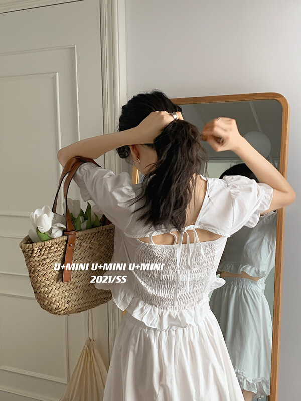[U + Mini] Korean Short Sleeved pullover shirt + casual and versatile skirt set 1703a# WPL