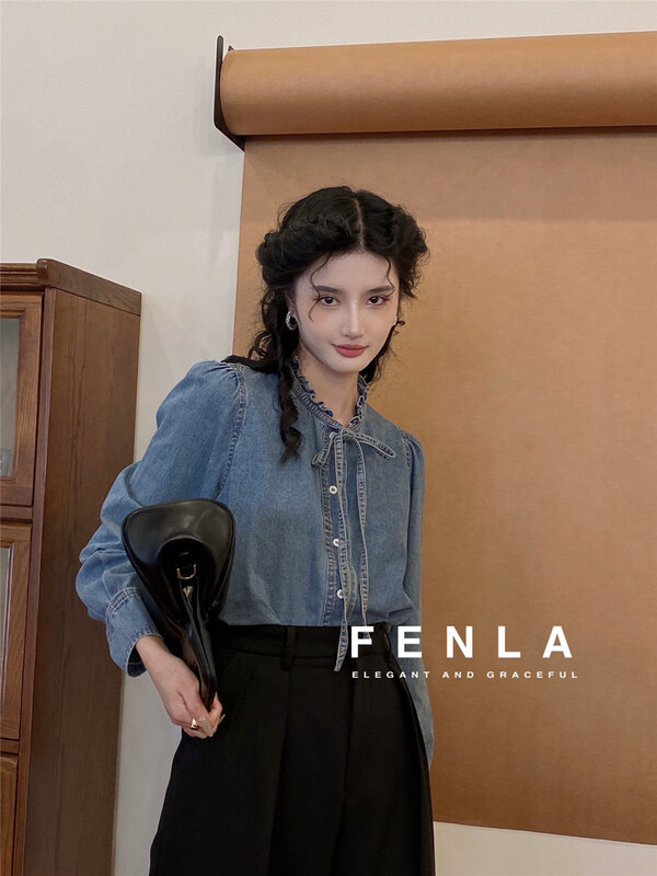 goods in stock! [fenla] Hong Kong Style Vintage stand collar lace up shirt 69583# jhy