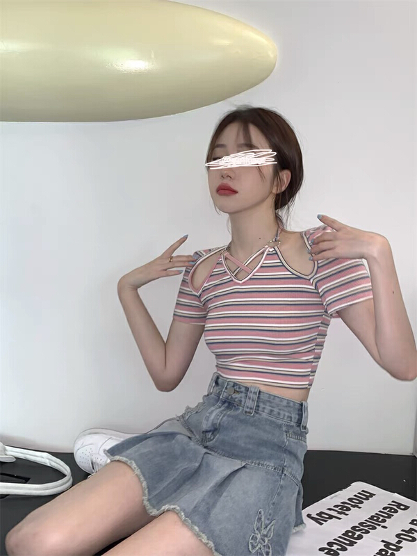 [blue show] design stripe featured short sleeve T-shirt ys1-6059# LSW