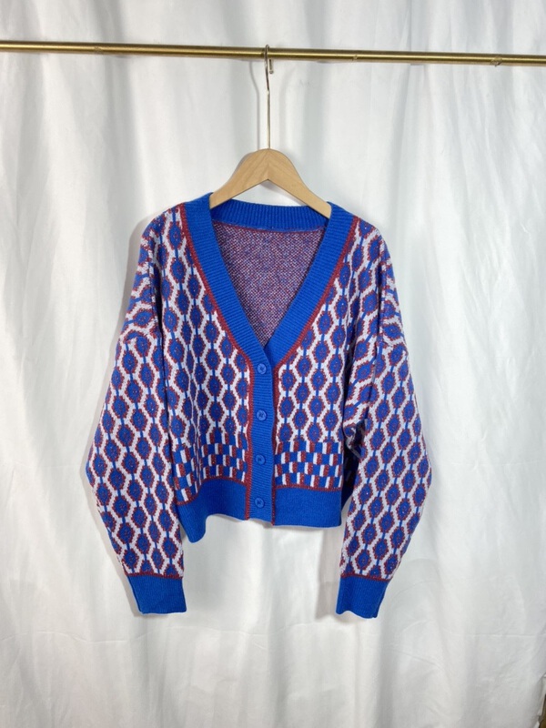 [Yi show store] V-neck single breasted color matching knitted cardigan 1171# Cl