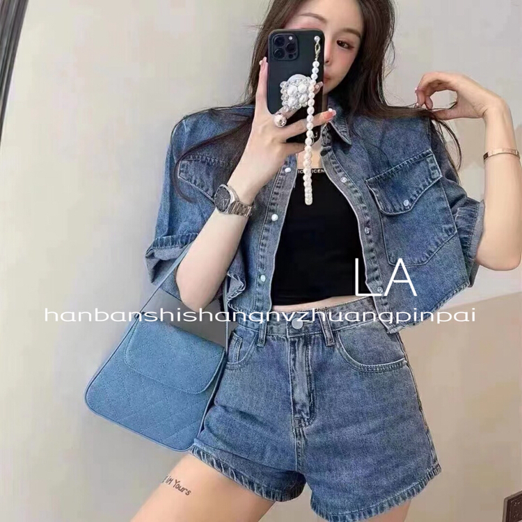 [laqssy] Korean dongdamen fashionable personalized design denim jacket + denim shorts suit 9881# zyh
