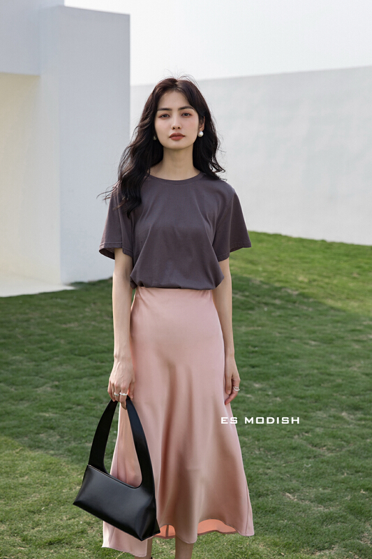 [es modish] solid color versatile round neck short sleeve T-shirt bl1628# XYJ