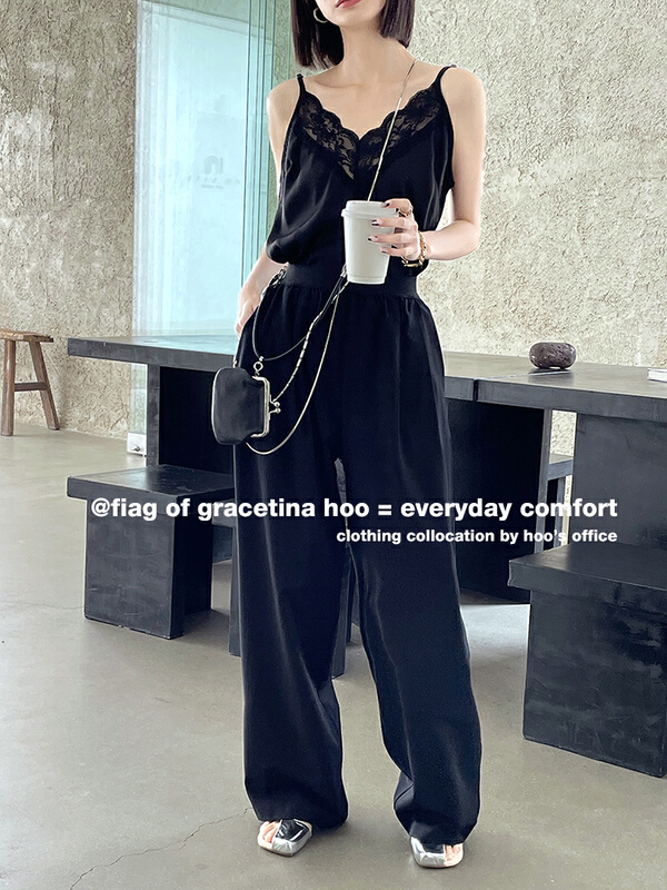 [gracetina Hoo] contrast color loose tight waist versatile lazy wide leg casual pants content 7% wool k9065