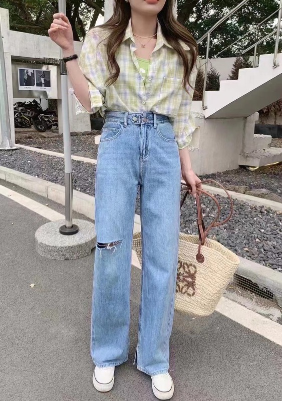[Cho LAN hee] Korean version of personalized pierced straight jeans 9913# lwy