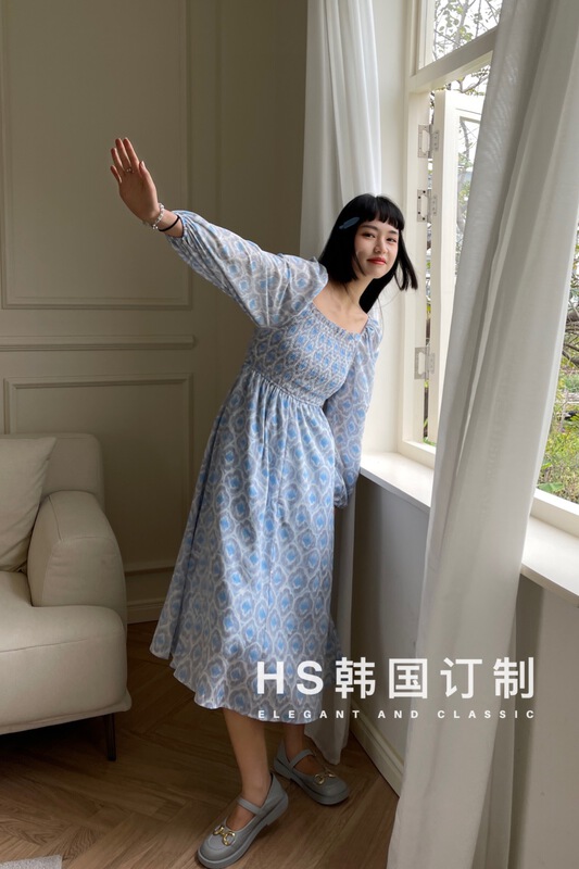 New year in early spring! [HS customized in Korea] Korean girlfriends printed square neck dress 65078# hjy